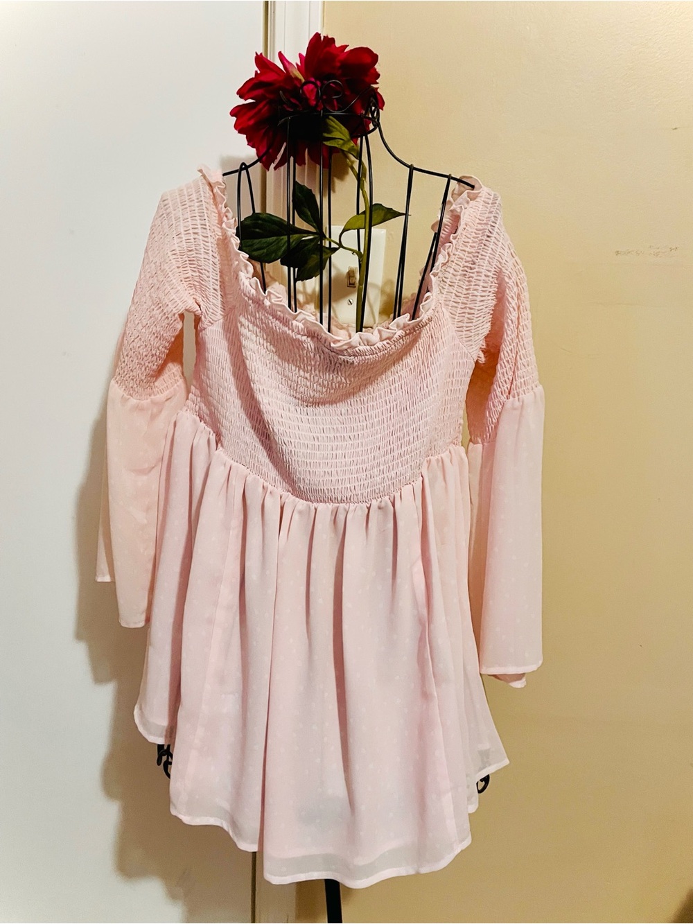 Light Pink Smocked Lace-Up Babydoll Blouse - Picture 5 of 10